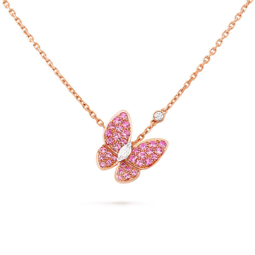 Van Cleef & Arpels/梵克雅寶 經(jīng)典Deux Papillons系列 18k金玫瑰金鑲嵌鉆石和粉色藍寶石蝴蝶吊墜項鏈 VCARO3M200