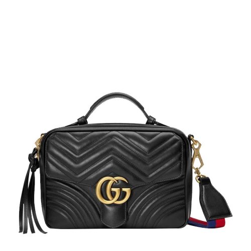 GUCCI 古馳    GG Marmont系列 女士牛皮雙G徽標(biāo)絎縫手提包單肩斜挎包