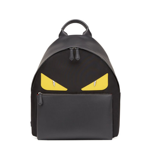 FENDI/芬迪 Bag Bugs黃色蛇皮紋理小怪獸眼睛黑色拼灰色男士尼龍配皮雙肩包 7VZ012A2FSF0R2A
