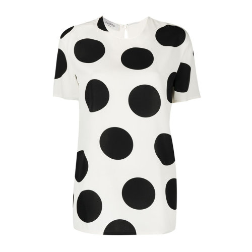 VALENTINO 華倫天奴 女士 服裝  白色圓領(lǐng)波點(diǎn)絲質(zhì)T恤上衣 女士短袖T恤