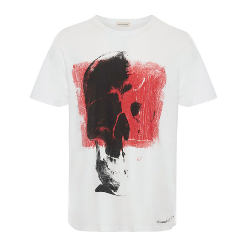 Alexander McQueen/亞歷山大麥昆男士白色棉質(zhì)有機(jī)針織經(jīng)典字母徽標(biāo)朋克骷髏印花大廓形圓領(lǐng)上衣短袖T恤 662484-QRZ55-0900