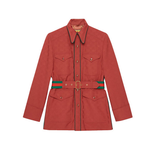 GUCCI/古馳 22年秋冬新款 adidas聯(lián)名系列 男士磚紅色聚酯纖維老花提花配腰帶夾克外套691422ZAI227449