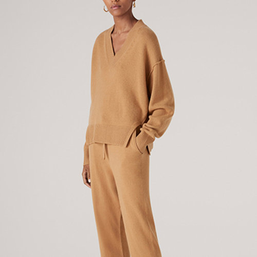 St.John/盛薔2020冬季新款棕色V領(lǐng)寬松毛絨女士針織衫/毛衣K5110J3