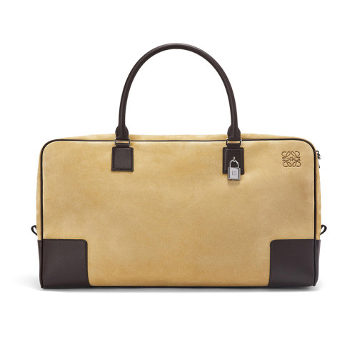 LOEWE/羅意威 22年新款 Amazona系列 男士金色/巧克力棕色絨面革配皮金屬掛鎖皮革提手調(diào)節(jié)肩帶肩背斜挎手提包B039N12X02-9348