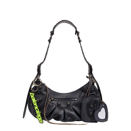 Balenciaga/巴黎世家 22春夏新款LE CAGOLE系列 女士小號(hào)藍(lán)黑色牛皮革綠色鑰匙環(huán)心形鏡子吊墜零錢包中古單肩腋下包 6713072VP454611