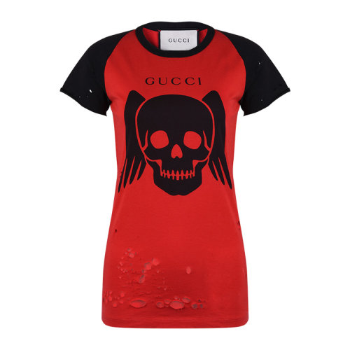 GUCCI/古馳  女士紅色棉質(zhì)字母LOGO骷髏圖案印花圓領(lǐng)短袖 T恤 557785 XJARQ 6587