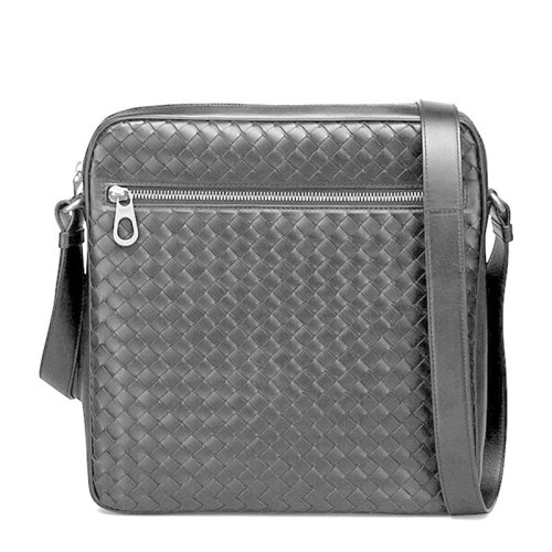 Bottega Veneta/葆蝶家 男士深灰色牛皮編織款時尚休閑郵差包單肩包斜挎包男包 443872-4651-2015