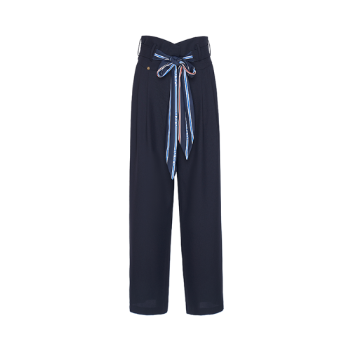 HUI/卉 女士休閑褲2020秋季新品藏藍色闊腿褲高腰格紋腰帶設計