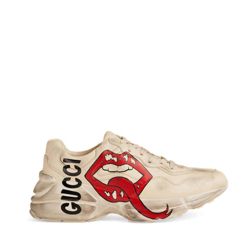 GUCCI/古馳  古琦女鞋 Rhyton系列 小臟鞋 老爹鞋 女士白色皮革時尚嘴唇印花低幫系帶休閑運(yùn)動鞋  552093 A9L00 9522