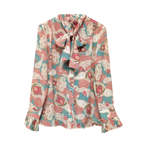 GeleiStory/GeleiStory   春秋季新款真絲襯衫女氣質(zhì)通勤印花立領(lǐng)蝴蝶結(jié)長袖單排扣開衫   女裝＞女士襯衫＞女士長袖襯衫