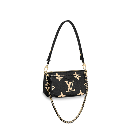 Louis Vuitton/路易威登 22春夏新款MULTI POCHETTE ACCESSOIRES系列 女士黑色牛皮革老花壓紋粒面牛皮金扣單肩斜跨手提包M45777