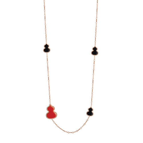 QEELIN/麒麟珠寶 經(jīng)典WULU系列 18K金玫瑰金鑲嵌紅瑪瑙黑縞瑪瑙葫蘆形狀裝飾長(zhǎng)項(xiàng)鏈WU-038-SNLA-RGONRA