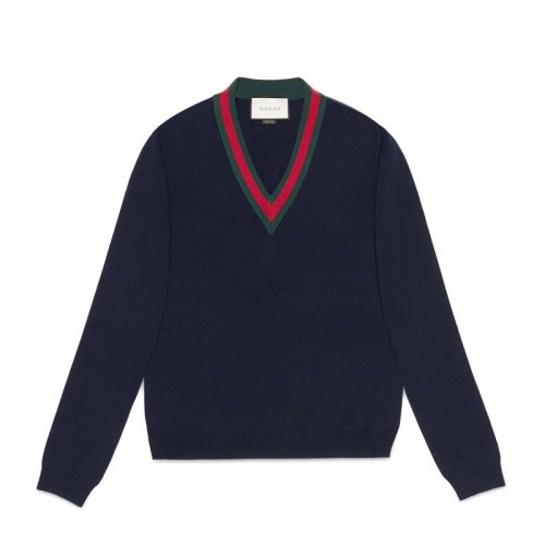 GUCCI/古馳  男裝 服飾 墨藍(lán)色羊毛V領(lǐng)經(jīng)典配色織帶 男士針織衣毛衣