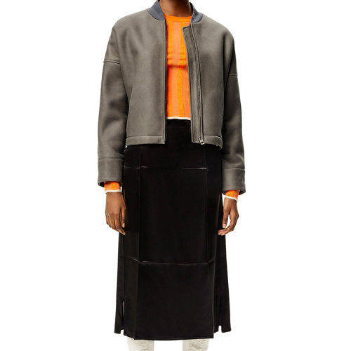 LOEWE/羅意威 22年秋冬新款 女士象牙灰色羊毛皮內(nèi)有羅紋針織羅紋衣領(lǐng)夾克外套S359Y19L47-1214