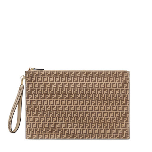 FENDI/芬迪 20  女士大號(hào)米色小牛皮棕色FF圖案拉鏈封口手拿包8N0178AHJGF1FI0