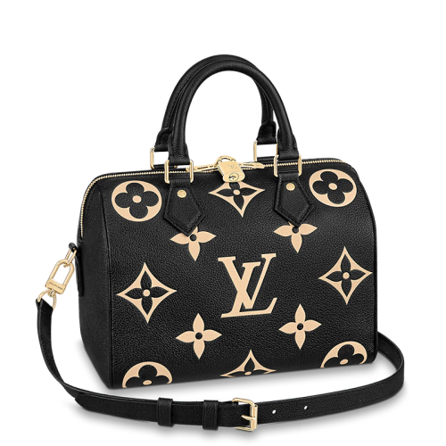 Louis Vuitton/路易威登 22春夏新款SPEEDY 25系列 女士黑色壓紋粒面牛皮老花壓花金扣單肩斜挎手提包M58947