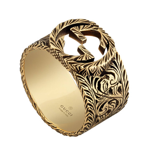 GUCCI/古馳 男女通用經典復古雕刻花紋圖案GG鏤空細節(jié)經過陳年處理的18k金黃金戒指 579797J85000718