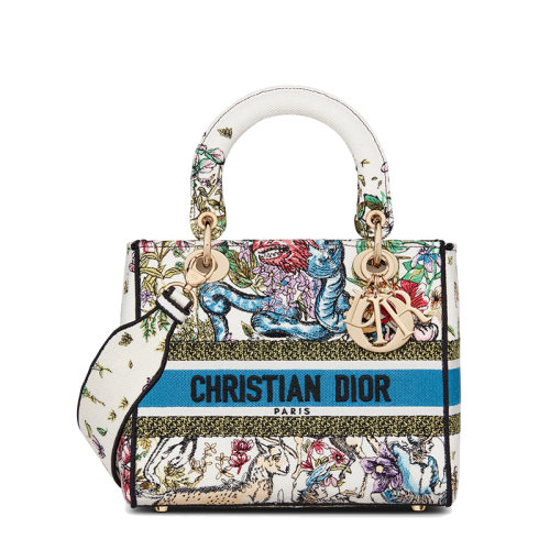 DIOR/迪奧 22春夏新款LADY D-LITE系列 女士中號(hào)奶白色彩色D-Constellation圖案刺繡織物手提單肩斜挎戴妃包M0565ORUV_M941