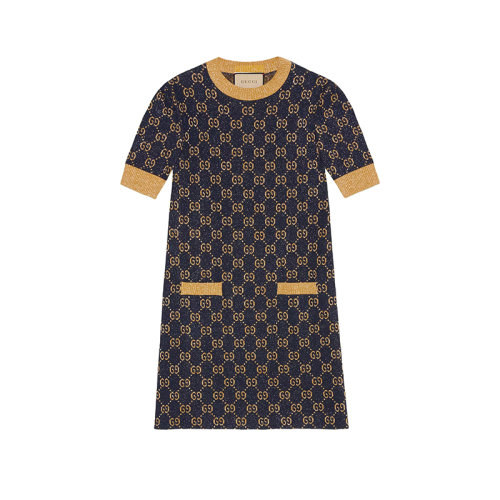GUCCI/古馳 22年秋冬新款 Aria系列 女士藍色/金色棉質(zhì)混紡金銀絲線老花提花短袖連衣裙692707XKB544597