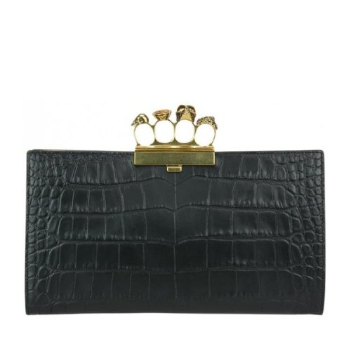 Alexander McQueen/亞歷山大麥昆 女包 骷髏頭 四環(huán) 女士黑色扁平皮革手拿包 460427DZT0M1000