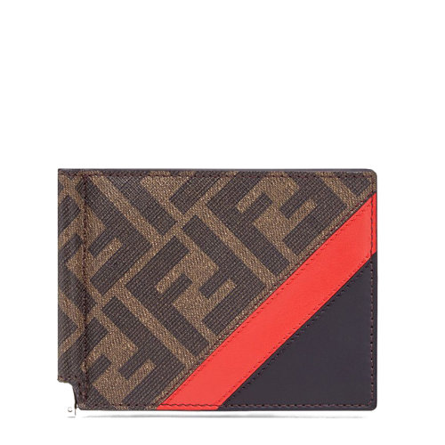 FENDI/芬迪  男士棕色FF提花織物黑色小牛皮紅色調雙折卡片夾7M0281A9XSF19P9