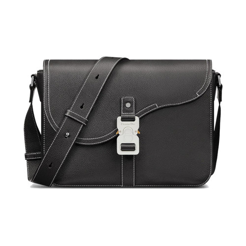 DIOR/迪奧 22新款 男士黑色粒面小牛皮鋁制搭扣翻蓋開(kāi)合調(diào)節(jié)皮革肩帶單肩斜挎馬鞍郵差包1ADME162YKK_H00N