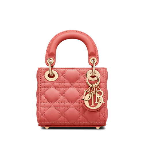 DIOR/迪奧 22新款LADY DIOR系列 女士珊瑚粉小羊皮藤格紋羊皮革單肩斜挎手提戴妃包S0856ONGE_M76P