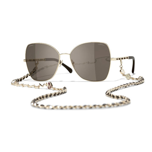 Chanel/香奈兒 22年春夏新款 女士棕色鏡片金色/棕色金屬與小牛皮鏡框飾鏈條蝴蝶形太陽(yáng)眼鏡墨鏡A71446X27388L3953