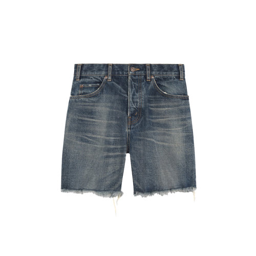 CELINE/賽琳 22年春夏新款 男士深聯(lián)合水洗藍色純棉牛仔布百慕大滑板褲短褲2N390365M.07DU