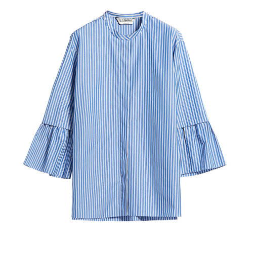 MaxMara/麥絲瑪拉 22年秋冬新款 CURVONE系列 女士藍色純棉小軍官領藍白條紋襯衫9116092906001