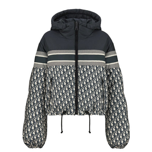 DIOR/迪奧      女士藍(lán)色和米白色絎縫科技塔夫綢老花印花雙面短款羽絨服夾克147C21A2968_X5803