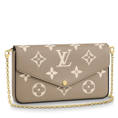 Louis Vuitton/路易威登 22春夏新款FéLICIE系列 女士大象灰粒面牛皮革奶白色老花印花金扣金鏈配可拆卸貼袋翻蓋開(kāi)合單肩斜挎手拿鏈條信封包M69977