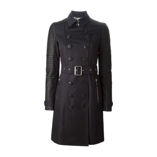 BURBERRY/博柏利 20春夏 女裝 服裝 女士藏藍(lán)色皮革拼接雙排扣大衣風(fēng)衣 女士大衣