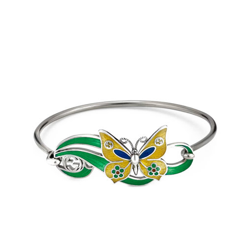 GUCCI/古馳 22春夏新款 925純銀飾互扣式鉤扣雙G黃綠藍(lán)三色琺瑯蝴蝶手鐲679875J84108519