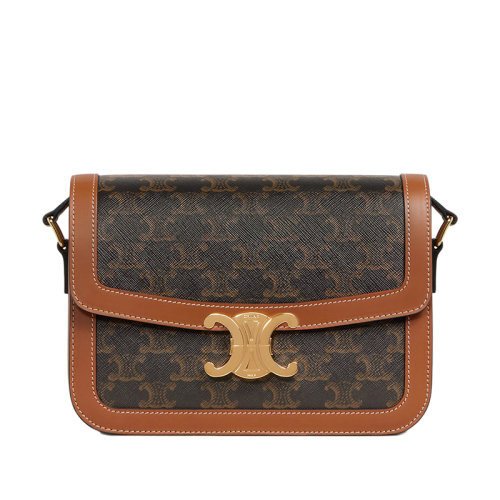 CELINE/賽琳 經(jīng)典TRIOMPHE系列 女士中號(hào)凱旋帆布黃褐色小牛皮飾邊金扣斜挎單肩包191242BZ4.04LU