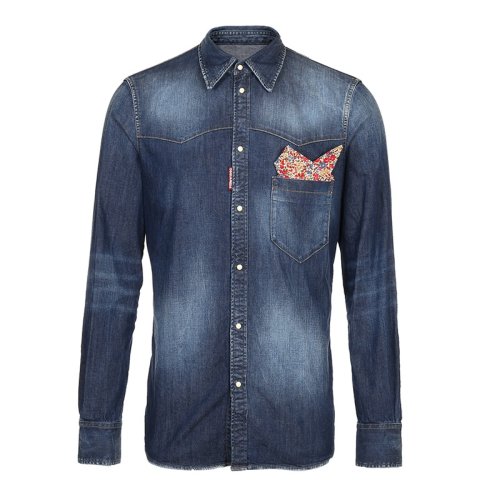 Dsquared2/D二次方 藍(lán)色-碎花領(lǐng)口巾裝飾 男士長袖襯衫 71DM026030341 470