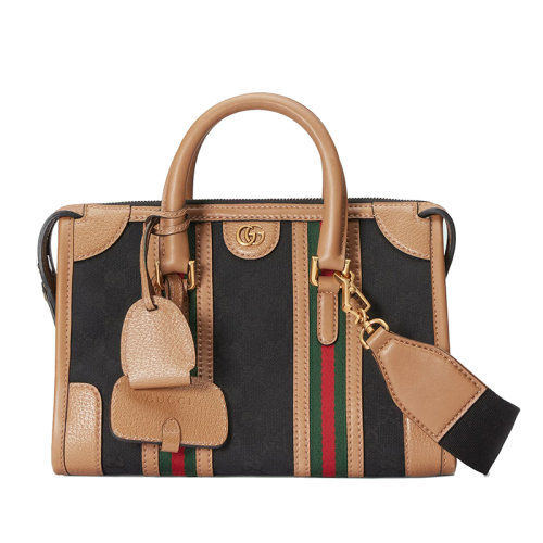GUCCI/古馳 22新款Exquisite系列 女士小號黑色帆布配淺棕色皮革金扣飾紅綠織細節(jié)拉鏈開合單肩手提包715772FAARB1041