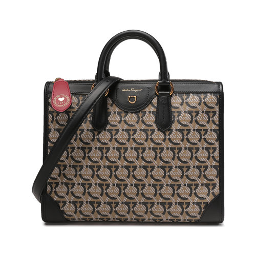 Salvatore Ferragamo/菲拉格慕 女士人造革/牛皮革GANCINI購物袋手提單肩斜挎包老花圖案中號 21I074