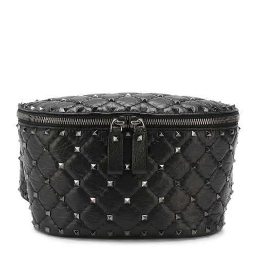 Valentino/華倫天奴 女士黑色菱格絎縫皮革經典鉚釘裝飾雙向拉鏈開合腰包女包 RW2B0B45-ARD-0NO