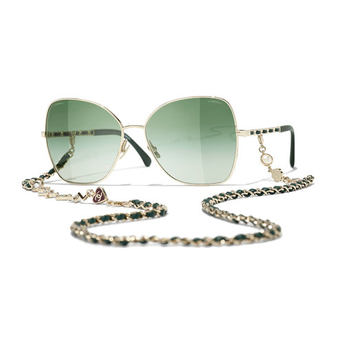 Chanel/香奈兒 22年春夏新款 女士漸變綠色鏡片金色/綠色金屬與小牛皮鏡框飾鏈條蝴蝶形太陽(yáng)眼鏡墨鏡A71446X27388L6813