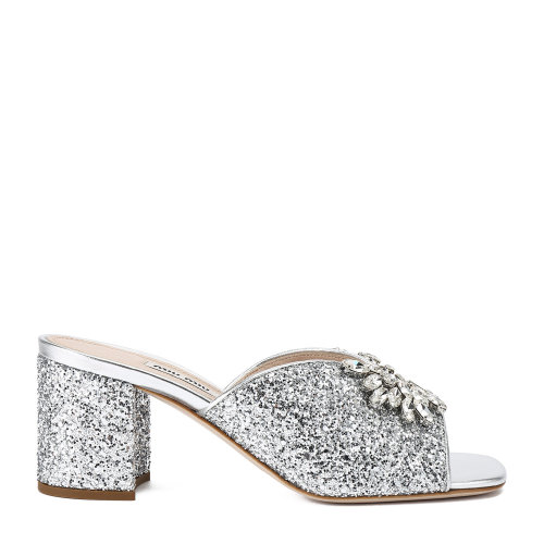 MiuMiu/繆繆 銀色 女士仿水晶裝飾通體亮片中跟穆勒鞋 5XX391_3C8V_F0118_F_065