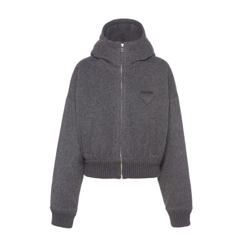 PRADA/普拉達(dá) 22年早春新款 女士板巖灰大廓形平紋針織羊絨連帽衫夾克138575_1ZCA_F0480_S_212