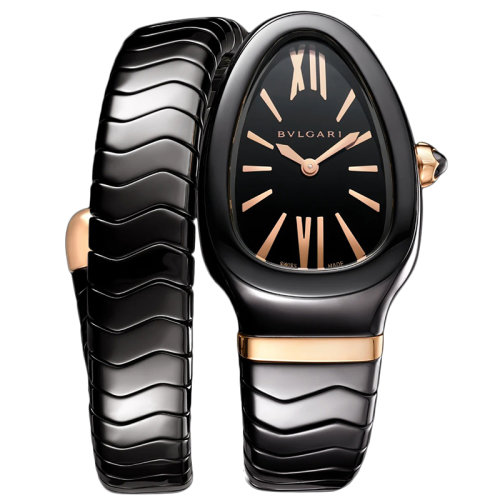 BVLGARI/寶格麗 黑色陶瓷表殼和螺旋表帶 鑲有18K金玫瑰金元素 黑色烤漆表盤 SERPENTI SPIGA石英手表 35毫米102734