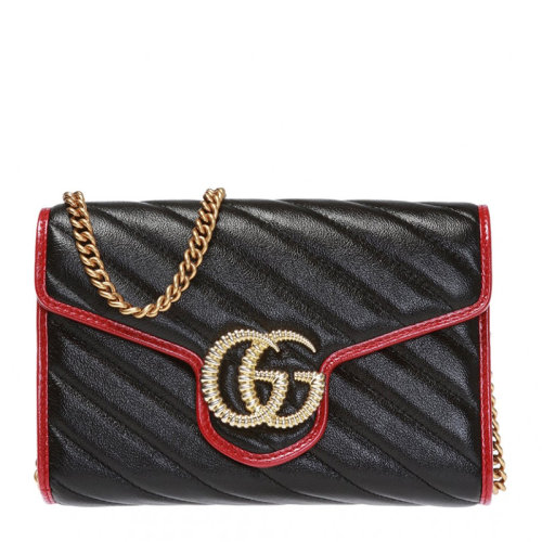 GUCCI/古馳 Marmont系列女士黑色皮革復古風格斜紋絎縫金屬徽標斜挎包單肩包鏈條包女包 573807-0OLFX-8277