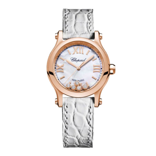  Chopard/蕭邦  Happy Sport系列 自動(dòng)機(jī)械表玫瑰金表殼白鱷魚皮表帶帶鉆表盤女表30毫米274893-5009