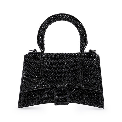 Balenciaga/巴黎世家 22秋冬新款 HOURGLASS MODEL XS系列 女士黑色絨面小牛皮水鉆舊銀色飾面拆卸調(diào)節(jié)肩帶水鉆標(biāo)志鉚釘磁扣肩背手提包59283328D071071