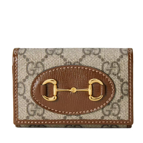 GUCCI/古馳 Horsebit 1955系列 女士米色/烏木色GG Supreme帆布棕色皮革滾邊金色調(diào)配件折疊鑰匙包67178592TCG8563