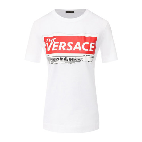VERSACE/范思哲 女士白色棉質(zhì)經(jīng)典字母徽標(biāo)印花裝飾圓領(lǐng)上衣短袖T恤 A82607-A224589-A1001
