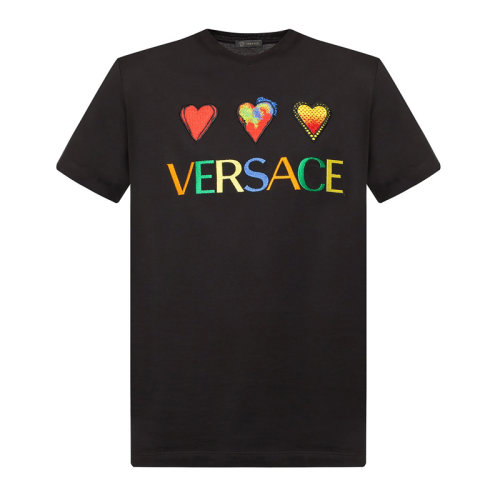 VERSACE 范思哲 男士 服裝  黑色圓領(lǐng)字母LOGO愛(ài)心圖案棉質(zhì)T恤 男士短袖T恤