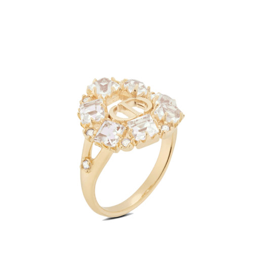 DIOR/迪奧 22新款PETIT CD系列 女士金色飾面金屬“CD”標志白色銀色調(diào)切面仿水晶環(huán)繞戒指R1240PTCCY_D301